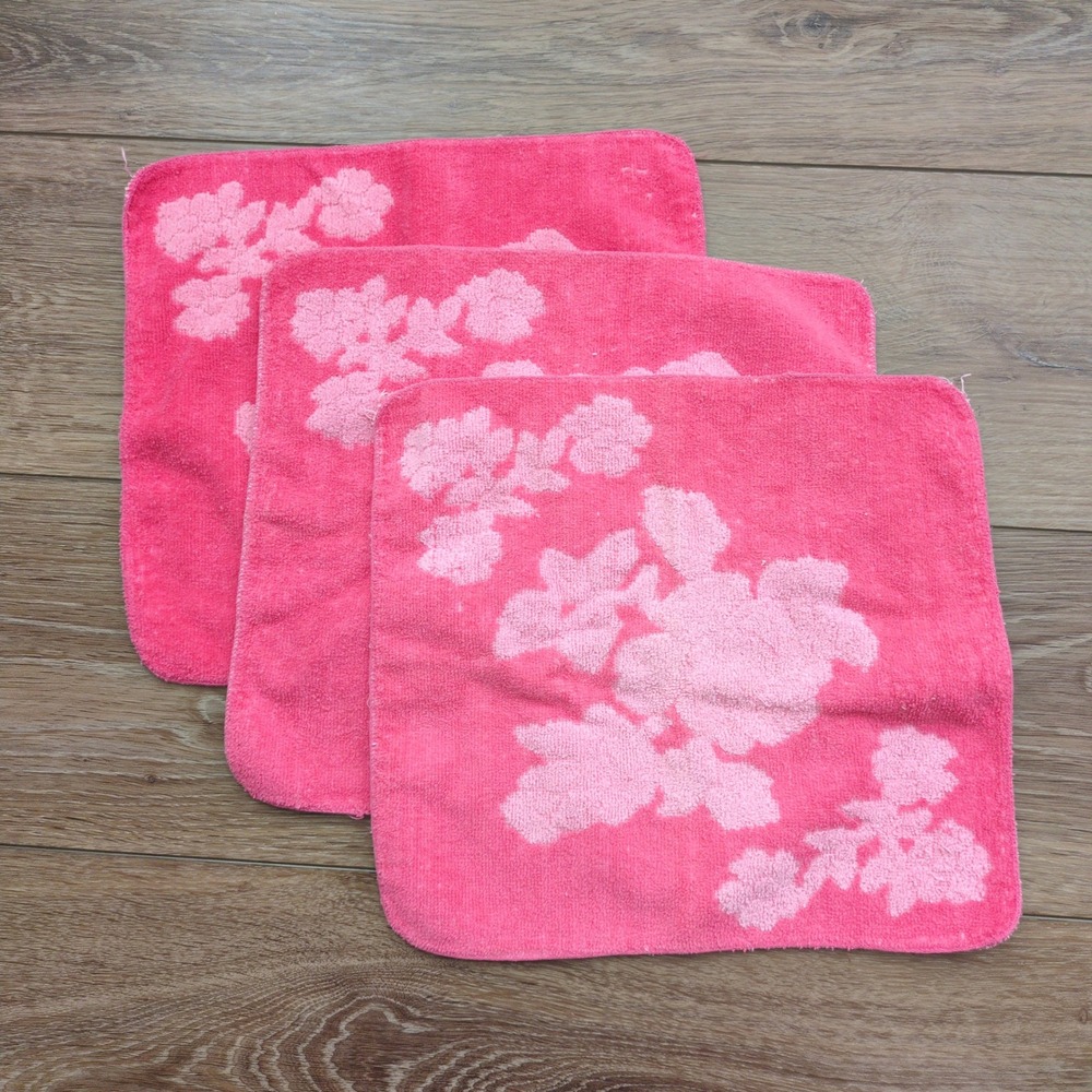 Vtg Cannon Royal Family Pink Floral Washcloth Set (3) Rose Cotton MCM Retro